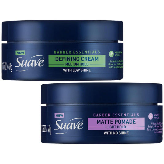 Suave Barber Essentials matte pomade jar for flexible, natural-looking style.