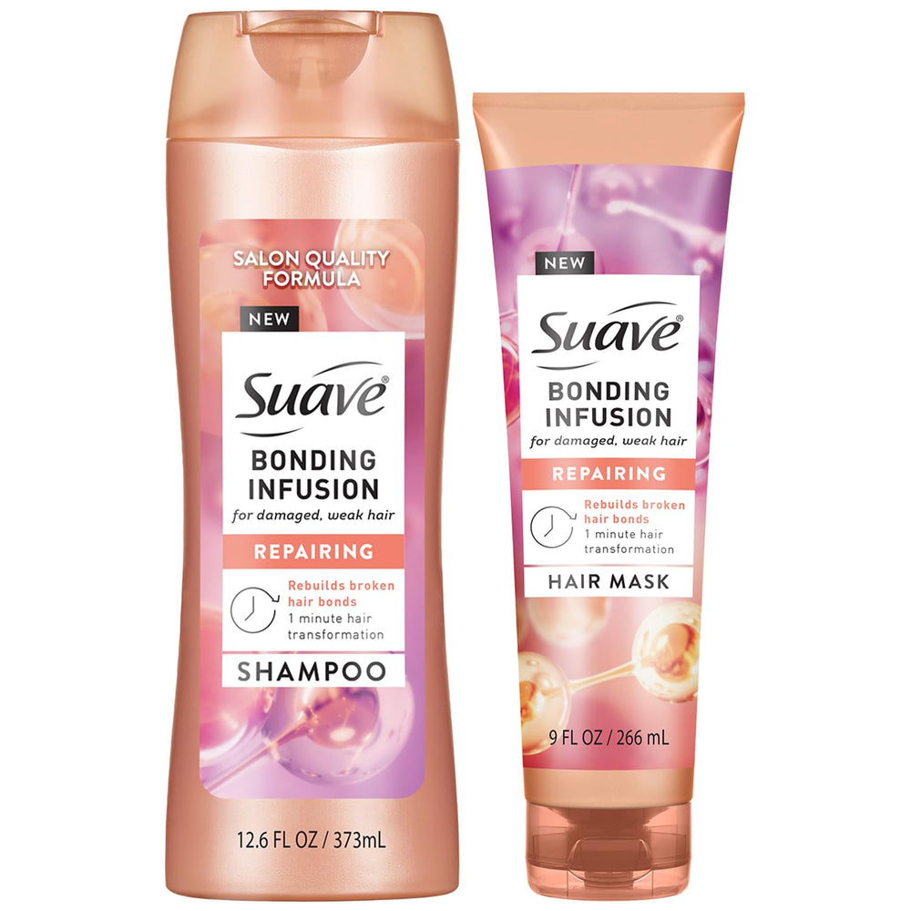Suave Bonding Infusion Shampoo bottle showing hydrating care for damaged hair