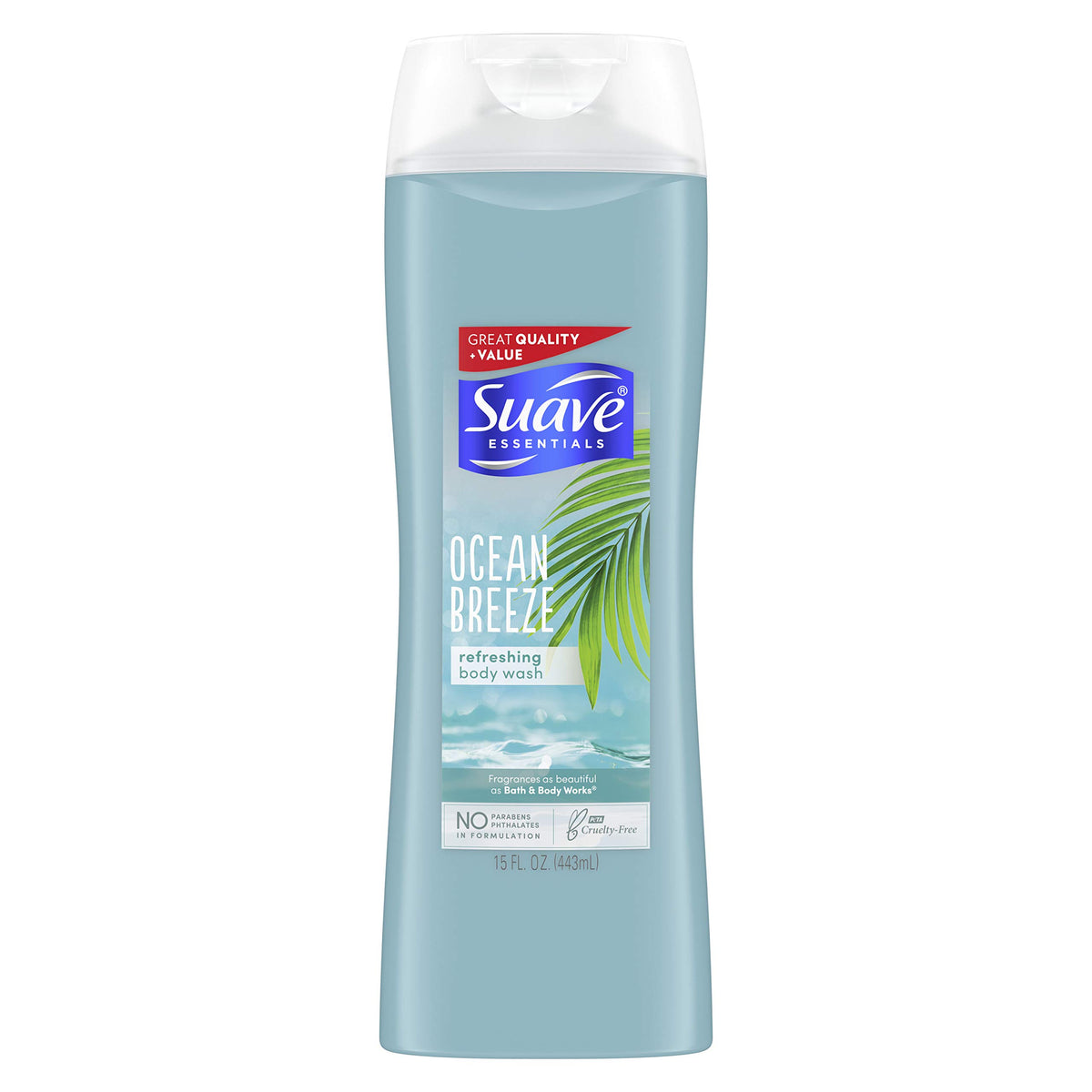 Suave Essentials Ocean Breeze bottle showing rich lather for cleansing and hydration
