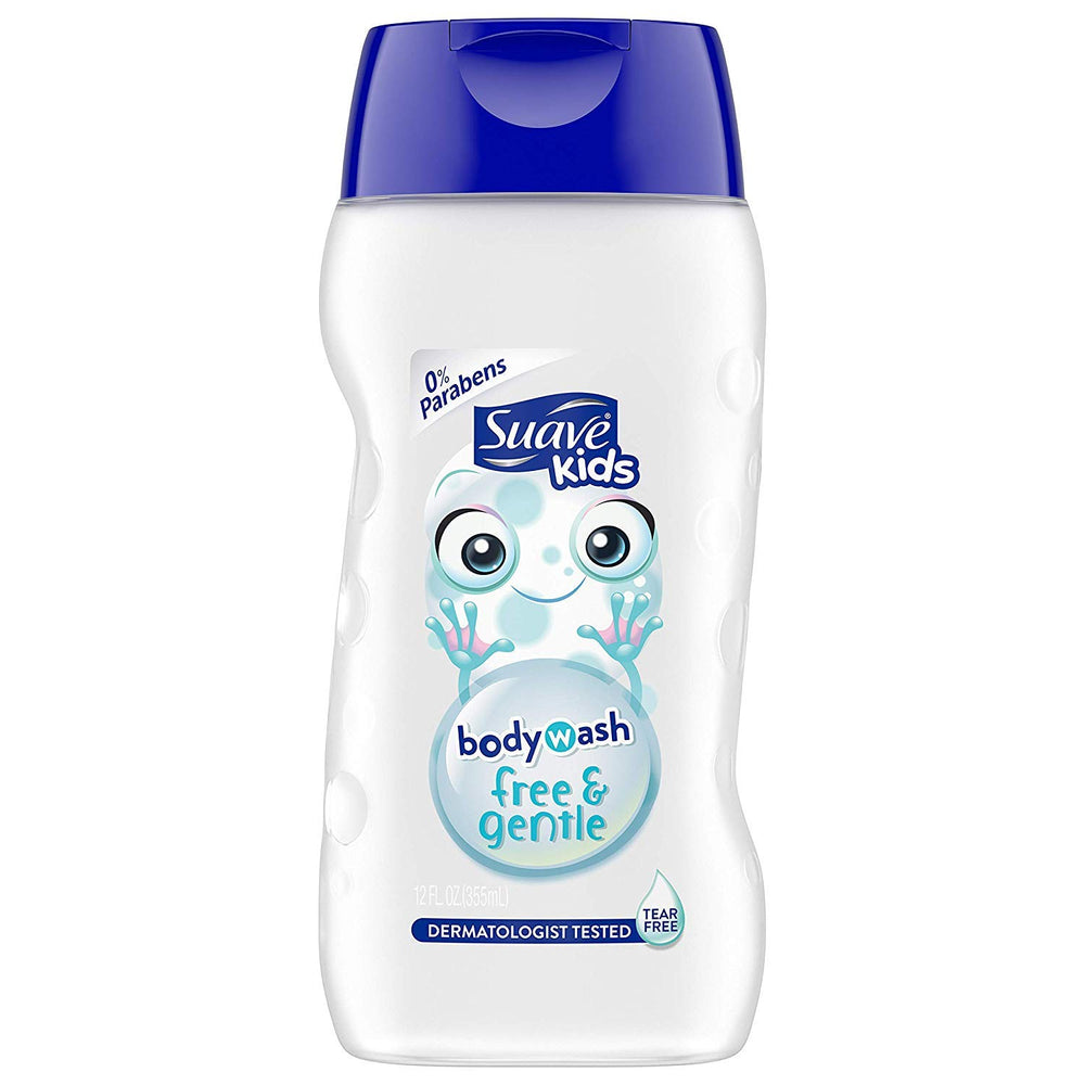 Back view of Suave Kids Free & Gentle Body Wash 12 oz bottles in a 3-pack