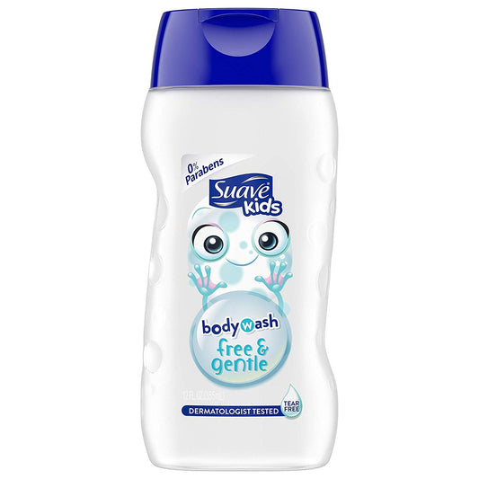 Back view of Suave Kids Free & Gentle Body Wash 12 oz bottles in a 3-pack