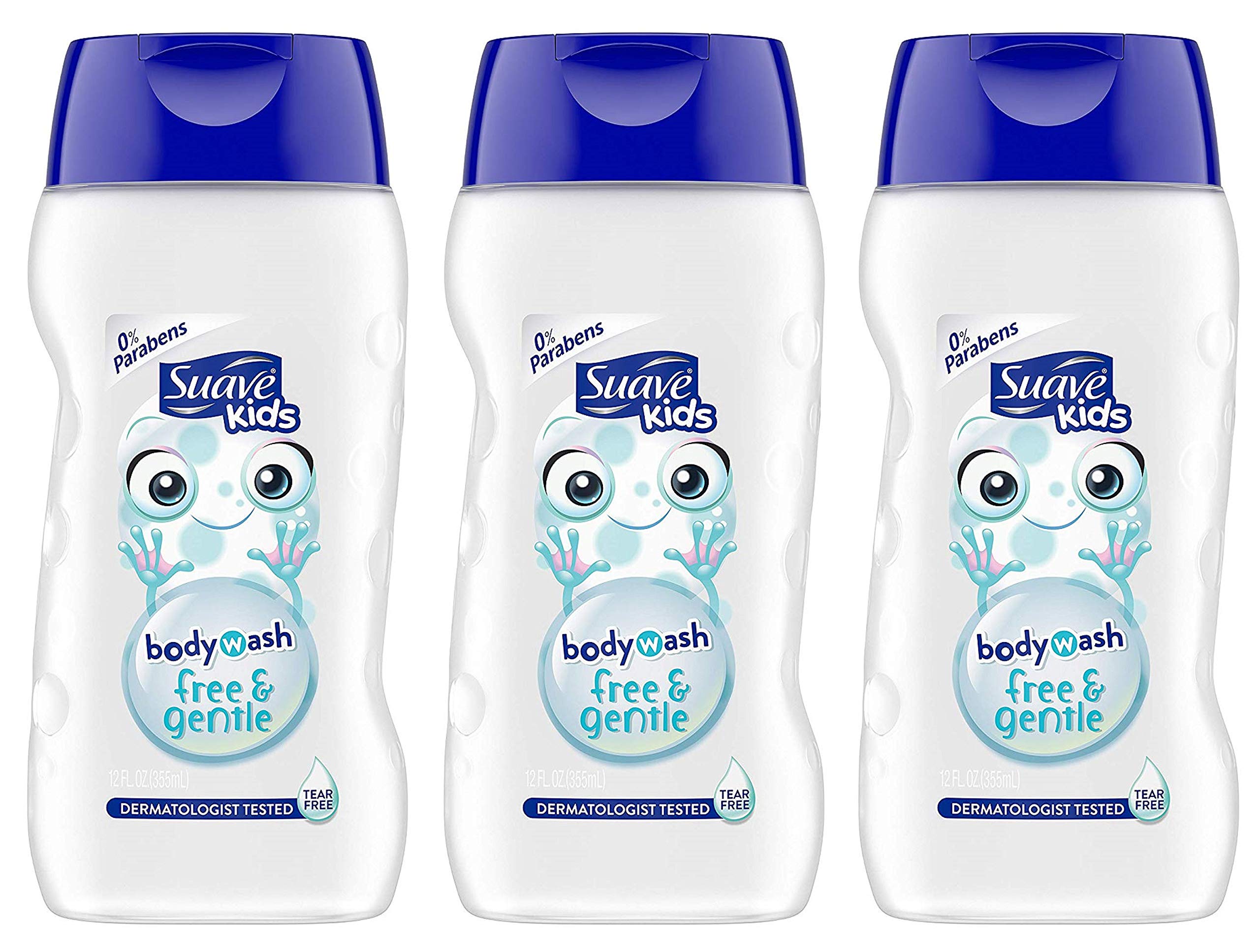 Front view of Suave Kids Free & Gentle Body Wash 12 oz bottles in a 3-pack