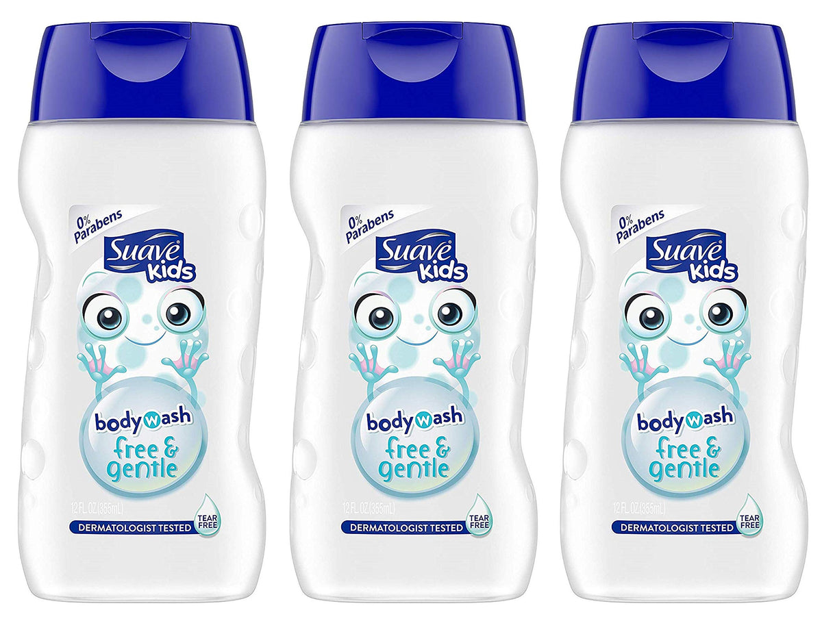 Front view of Suave Kids Free & Gentle Body Wash 12 oz bottles in a 3-pack