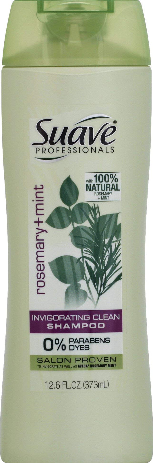 Suave Rosemary + Mint two-in-one shampoo bottle promoting refreshed, detangled hair.