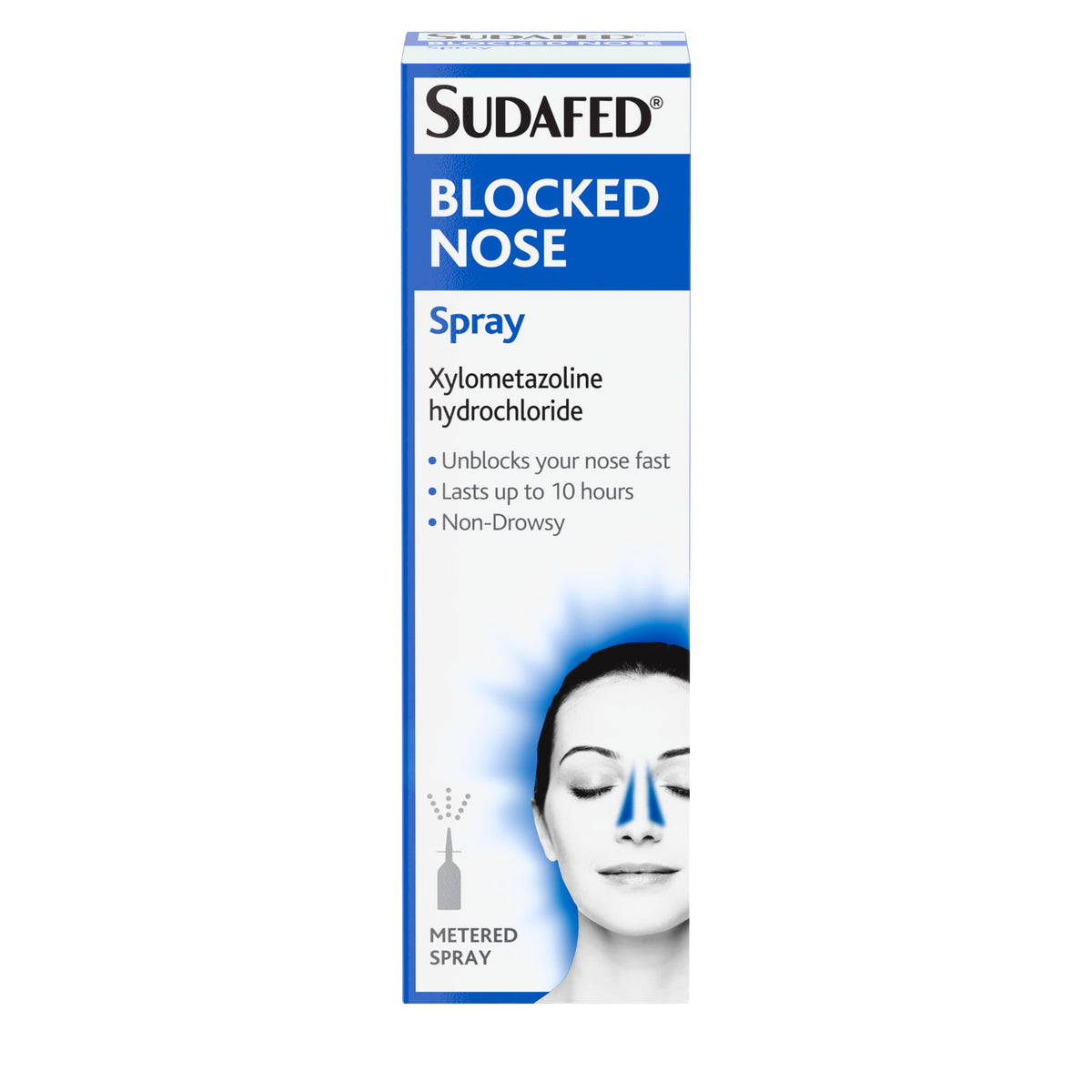 Sudafed blocked nose spray bottle delivering fast congestion relief.