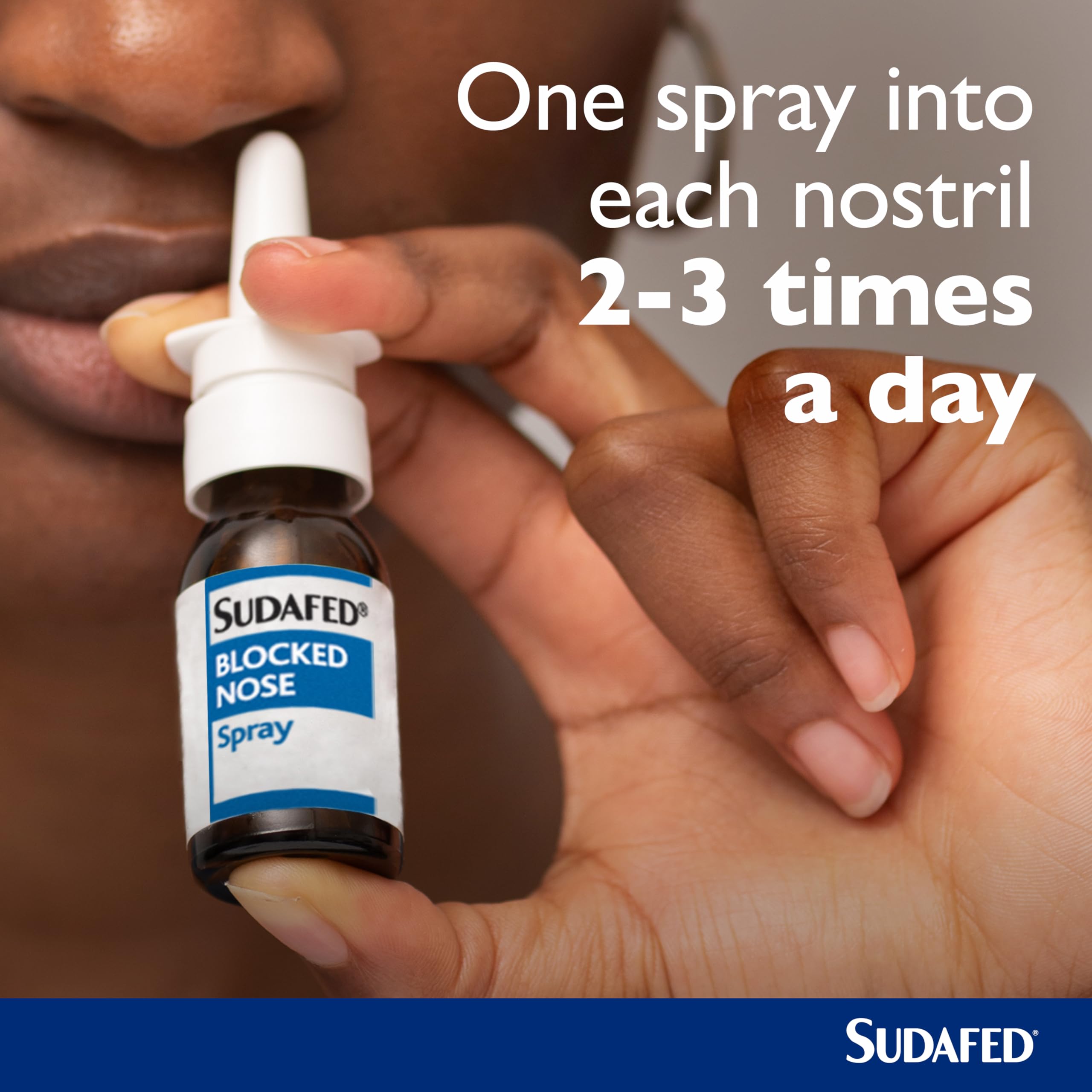 Sudafed blocked nose spray in use during daytime relief.