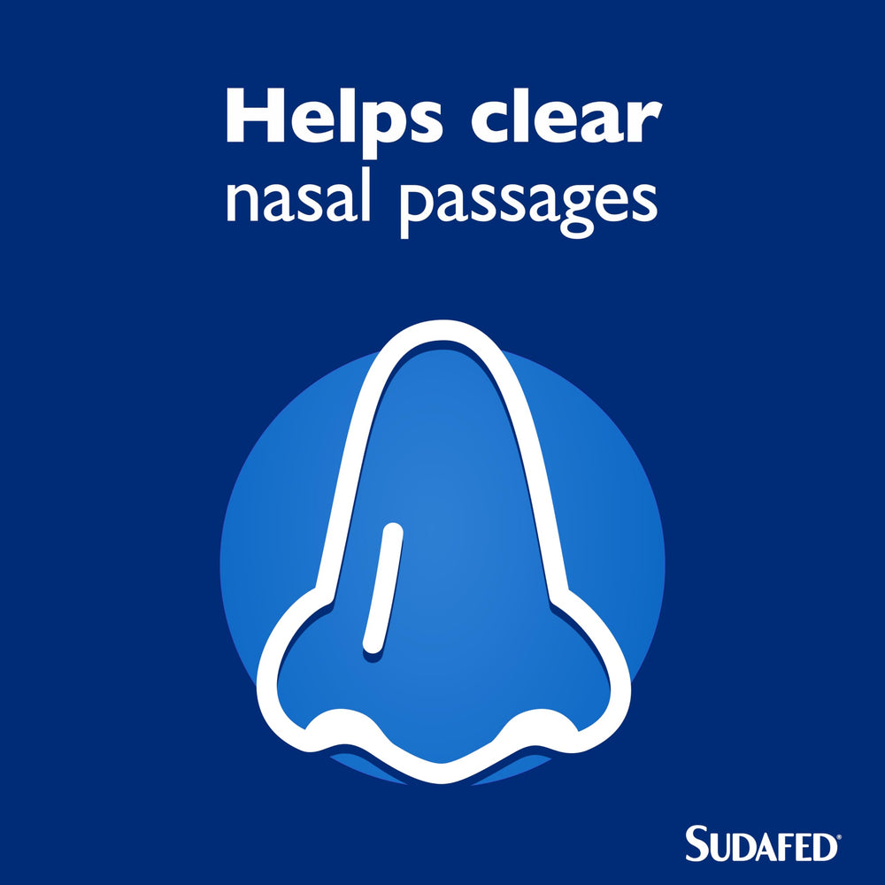 Sudafed blocked nose spray label showing dosage for safe, effective use.