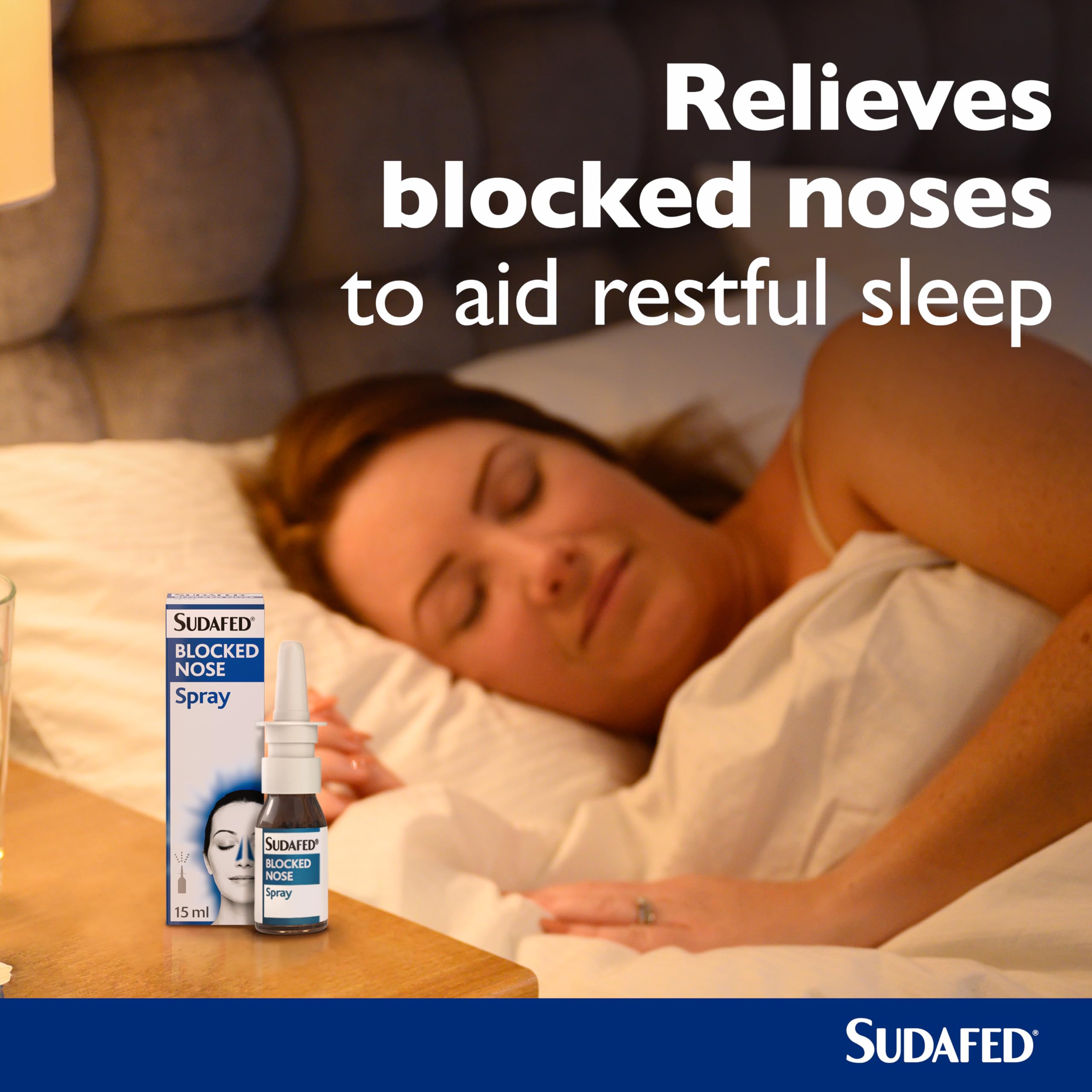 Sudafed blocked nose spray packaging on display offering handy access.