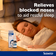 Sudafed blocked nose spray packaging on display offering handy access.