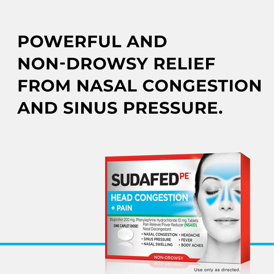 Sudafed PE nasal-decongestant caplets packaging shown for easy use.