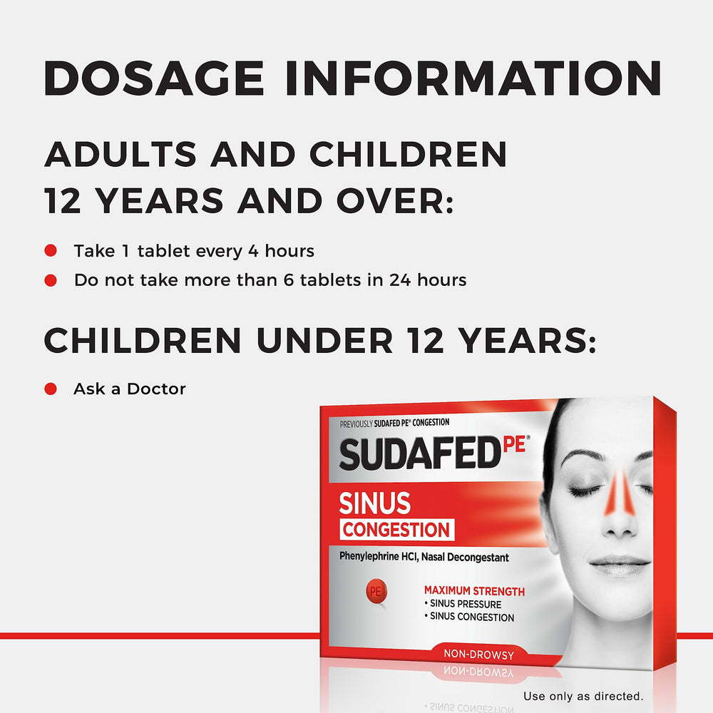 Sudafed PE bottle shows 10 mg phenylephrine for fast relief.