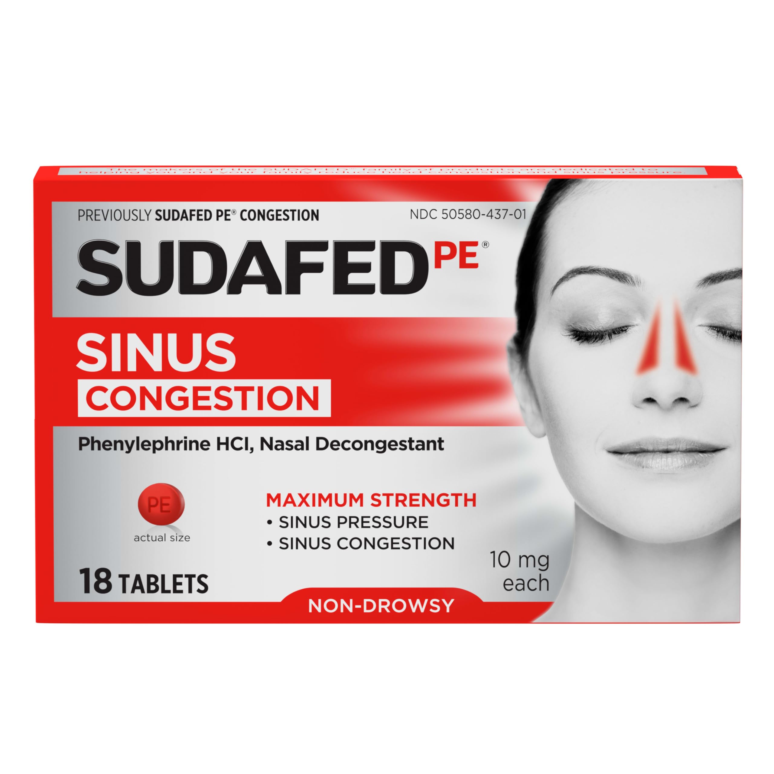 Sudafed PE sinus tablets blister pack for quick breathing relief.