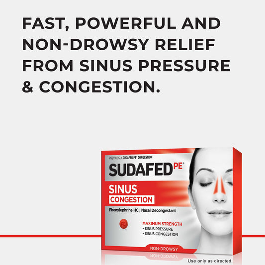 Sudafed PE sinus tablets ready for daytime non-drowsy relief use.