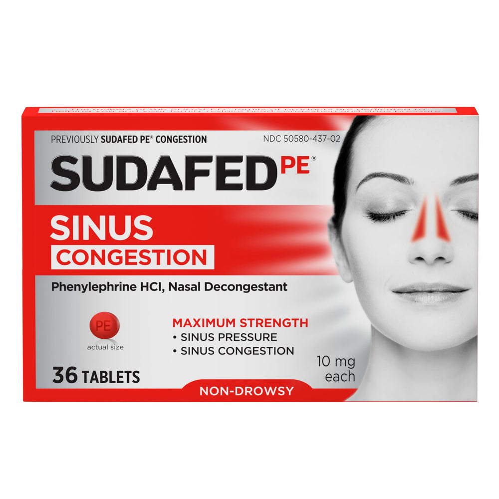 Sudafed PE sinus congestion tablets front view showing maximum strength non-drowsy formula