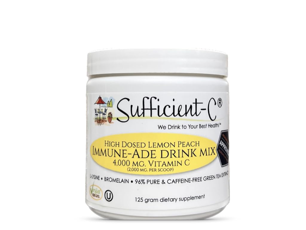 Front label of Sufficient-C high-dose Vitamin C Lemon Peach Immune-Ade 125g