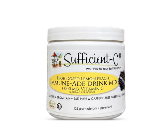 Front label of Sufficient-C high-dose Vitamin C Lemon Peach Immune-Ade 125g