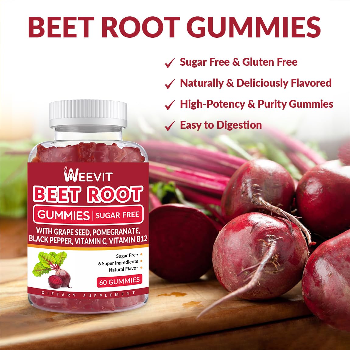 Close-up of beet root gummies with vitamin C and B12