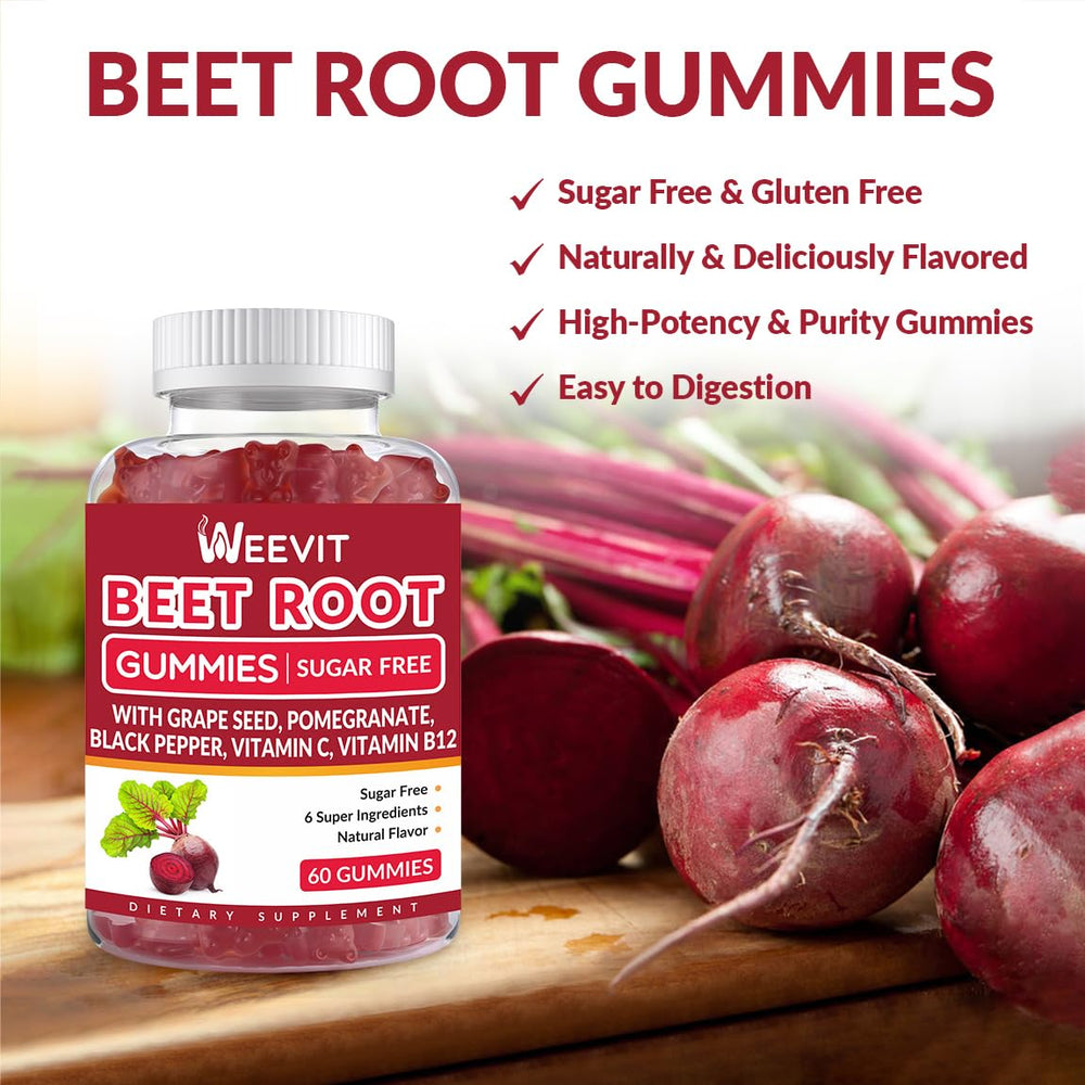 Close-up of beet root gummies with vitamin C and B12