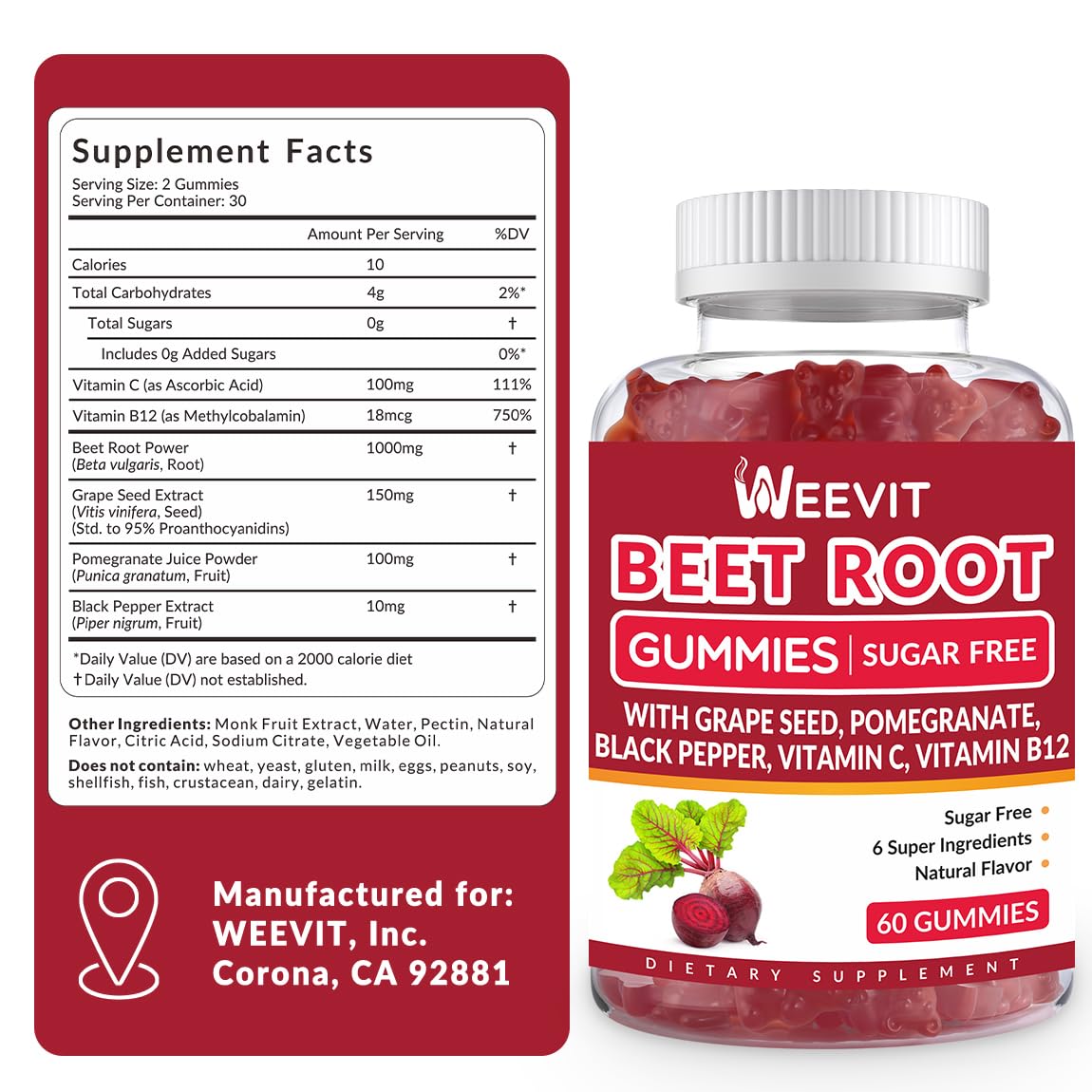 Beet root gummies packaging with organic label and vegan symbols