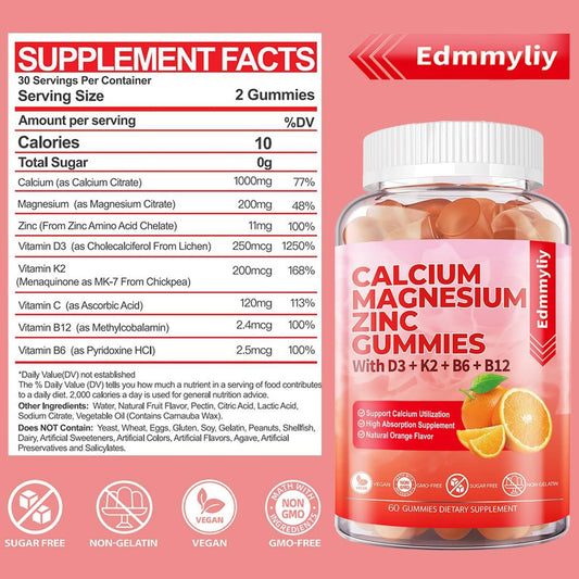 Close-up of sugar-free calcium magnesium zinc gummies bottle