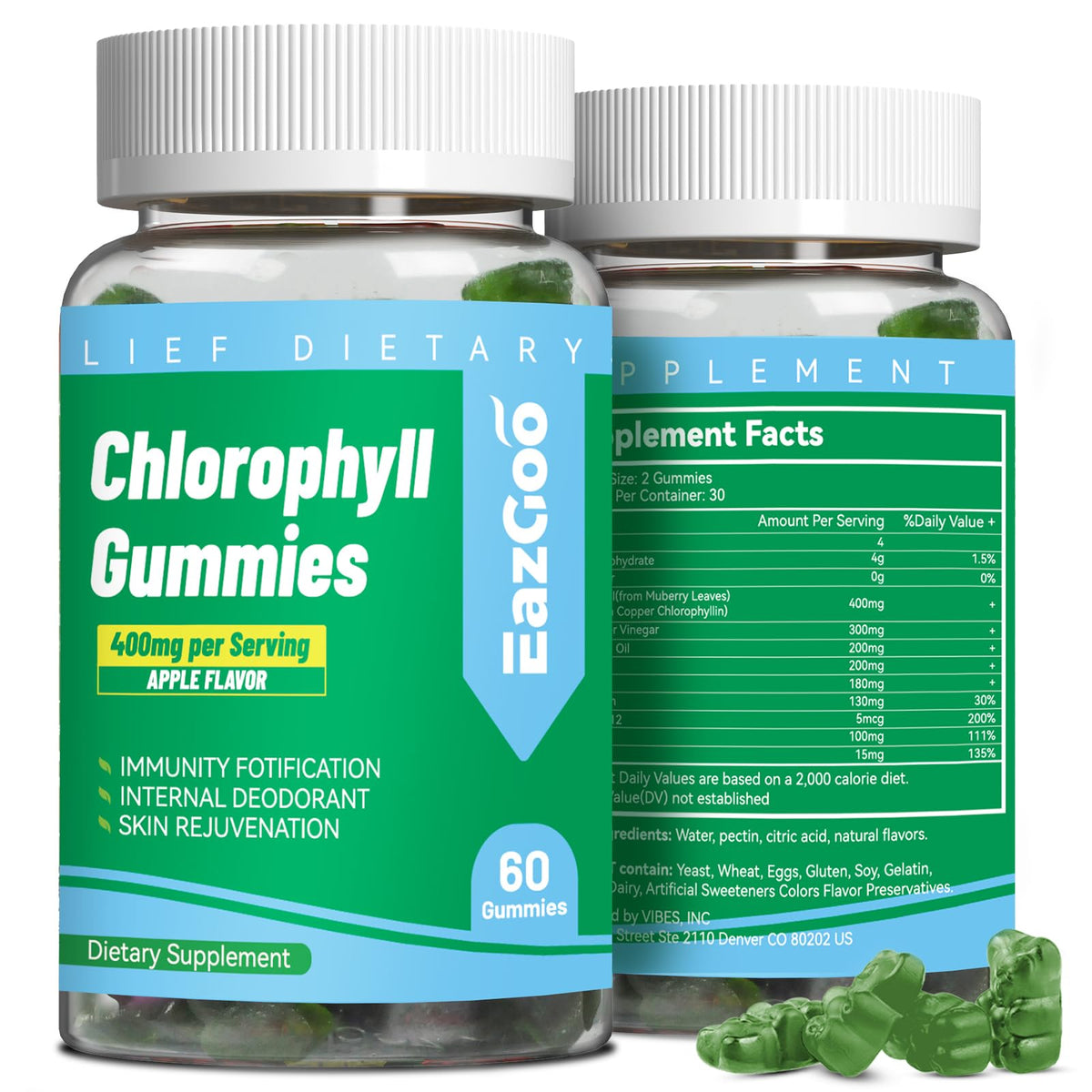 Sugar-free chlorophyll gummies with natural apple flavor in a 60-count bottle