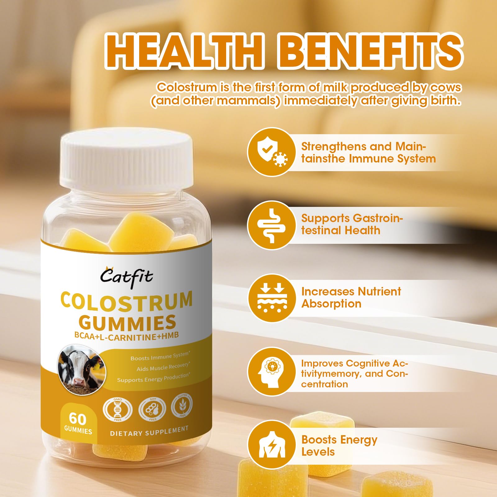 Close-up of orange-flavored colostrum gummies