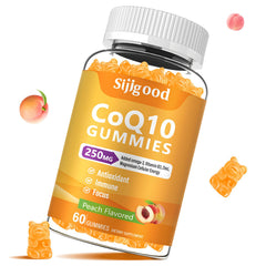 Sugar-free CoQ10 gummies with peach flavor in 60-count bottle banner