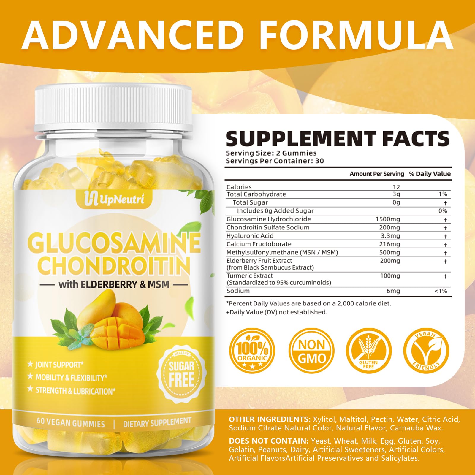 Back nutrition label of sugar-free glucosamine chondroitin gummies