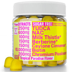 Sugar Free Gummies Tropical Paradise flavor bottle featuring TUDCA and NAC