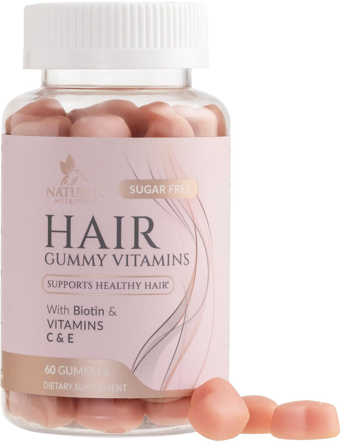 Bottle of sugar-free hair vitamins gummies with biotin 5000 mcg, 60 count