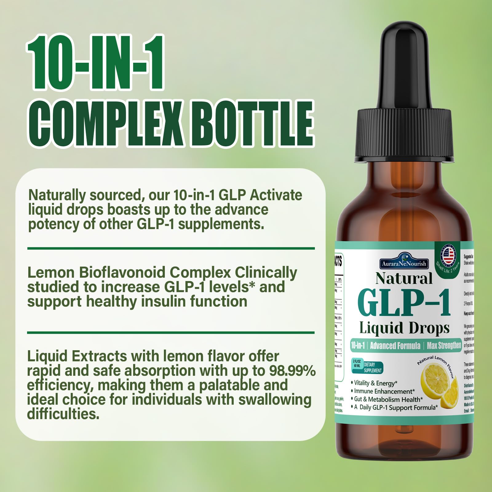 Sugar-free lemon-flavored GLP-1 liquid drops in a dropper bottle.