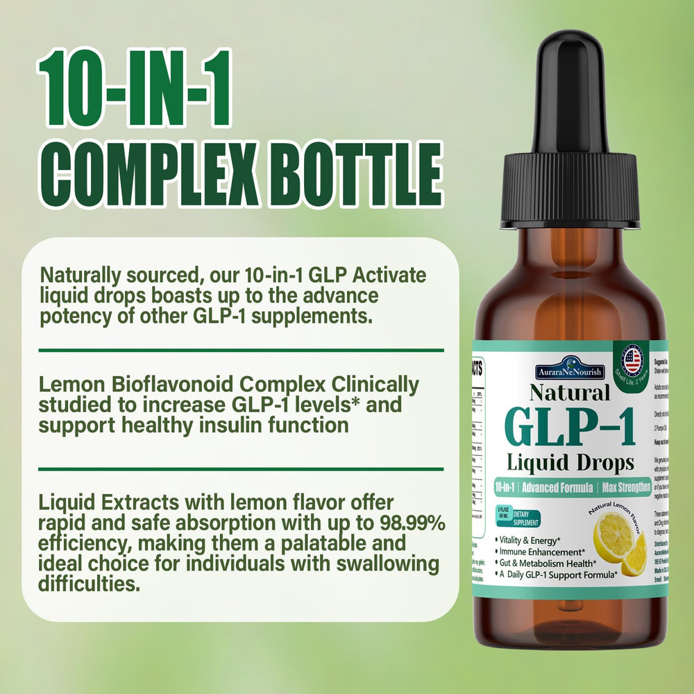 Sugar-free lemon-flavored GLP-1 liquid drops in a dropper bottle.