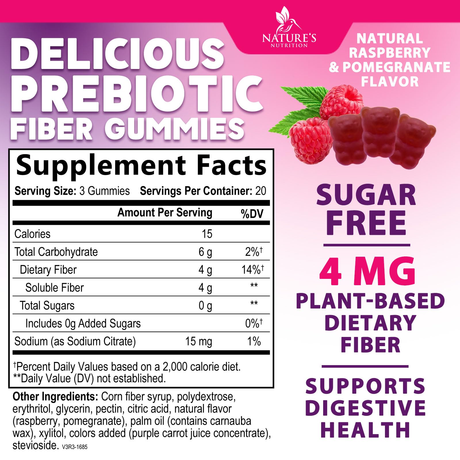 Sugar-free Raspberry Prebiotic Fiber Gummies label