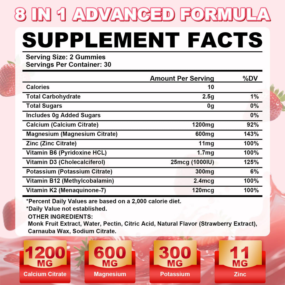 Sugar-free vegan strawberry calcium citrate gummies.