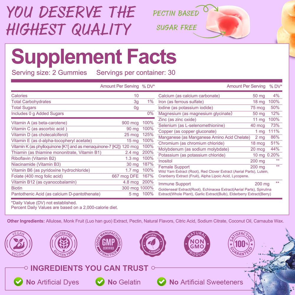 Label highlighting 36 essential nutrients and 100% DV vitamins