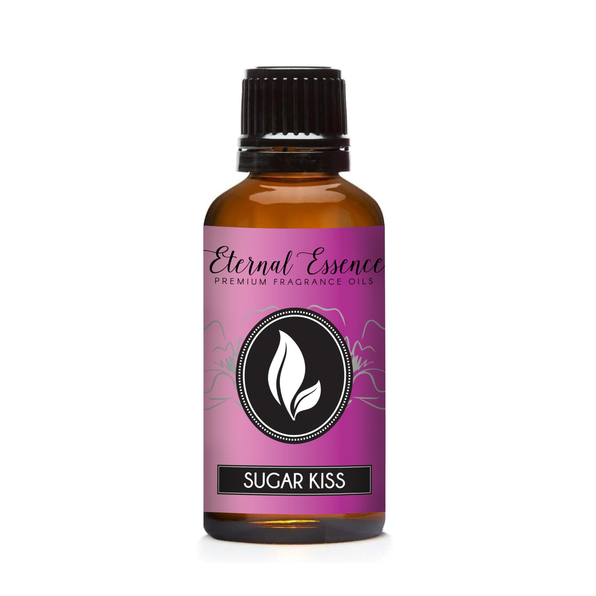 Amber glass 30ml bottle of Sugar Kiss fragrance oil with black ribbed cap and dropper