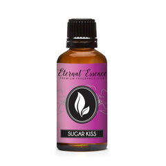 Amber glass 30ml bottle of Sugar Kiss fragrance oil with black ribbed cap and dropper