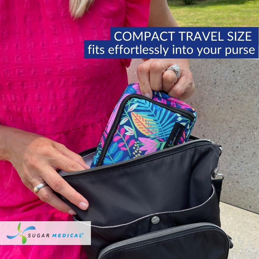 Side view of insulated IVF organizer bag with blue floral design