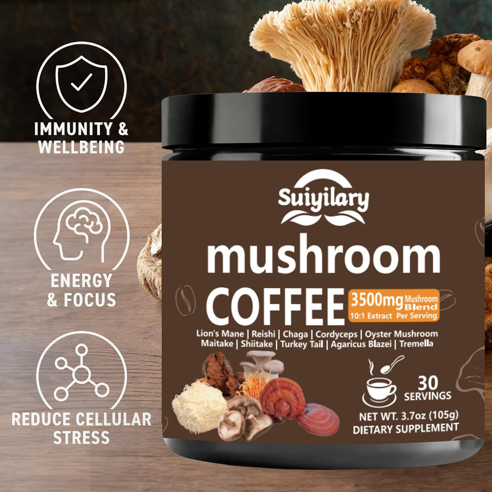 Suiyilary 10 Mushroom Coffee label showing caffeine 10 mg