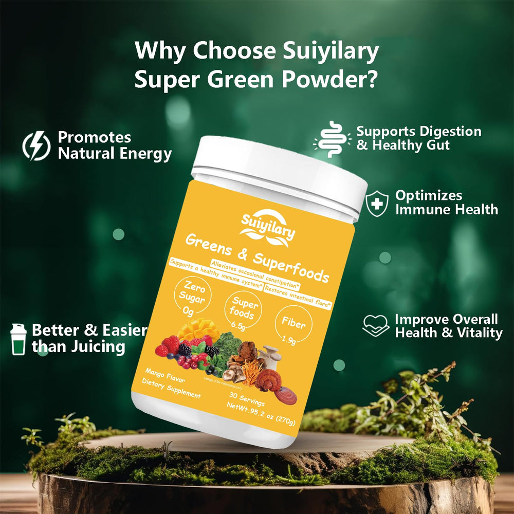Ingredients collage: spirulina, chlorella, greens, fruits, vegetables