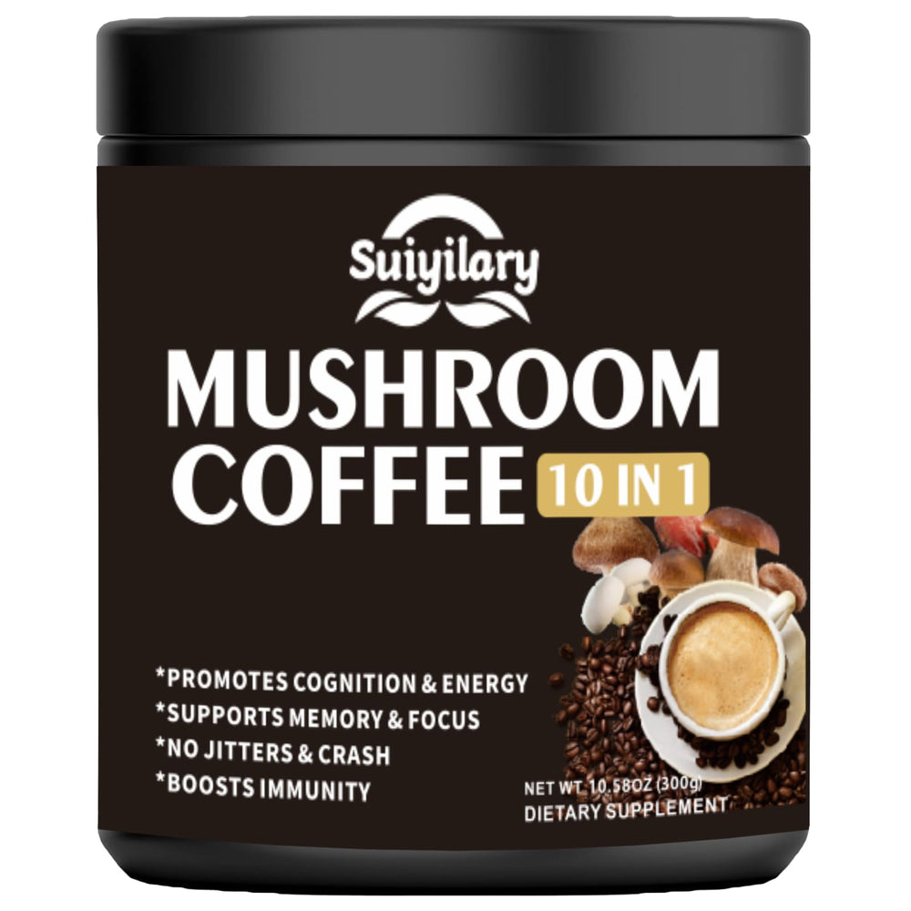 Front view of Suiyilary 10-mushroom coffee blend canister