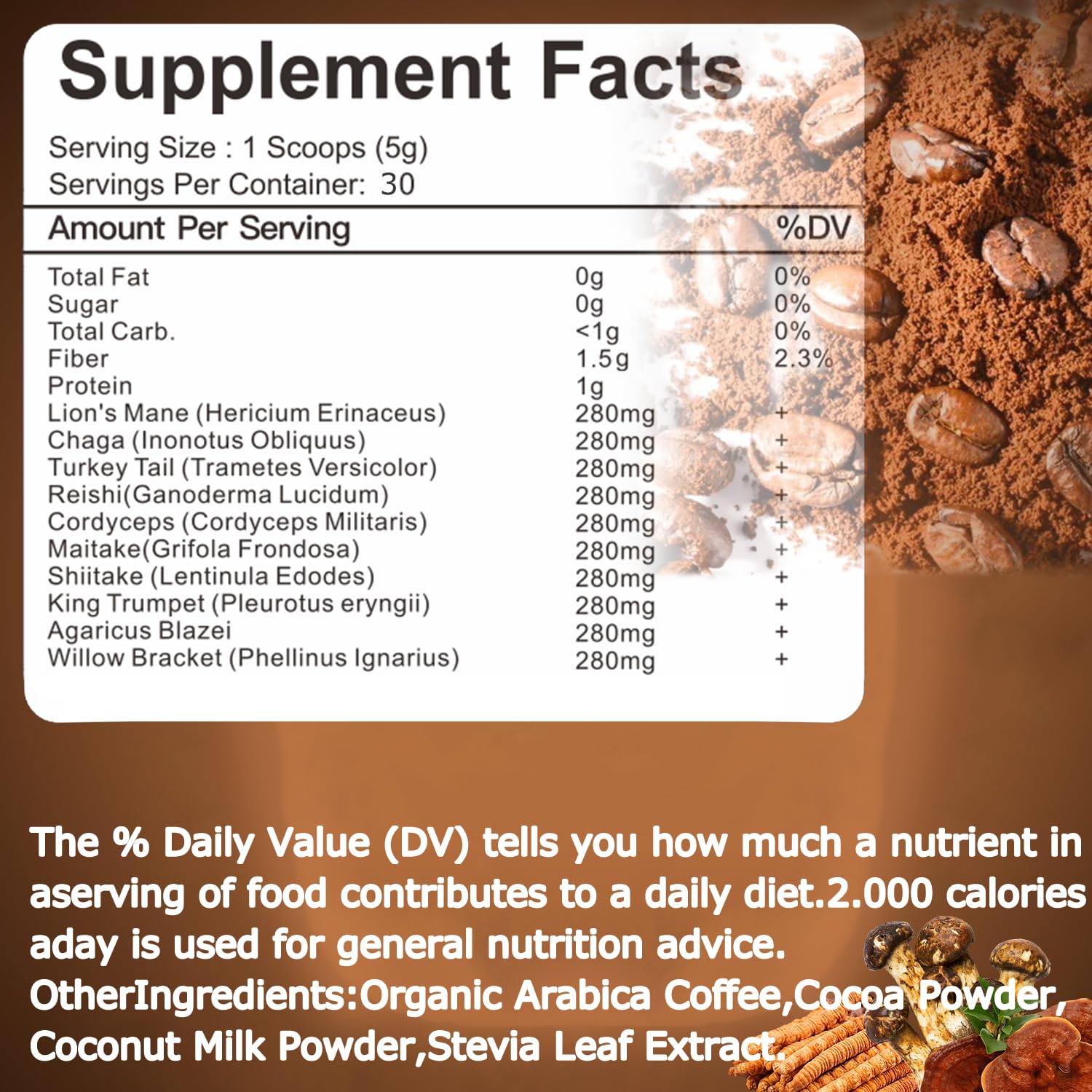 Close-up of mushroom extract blend including Cordyceps and Chaga