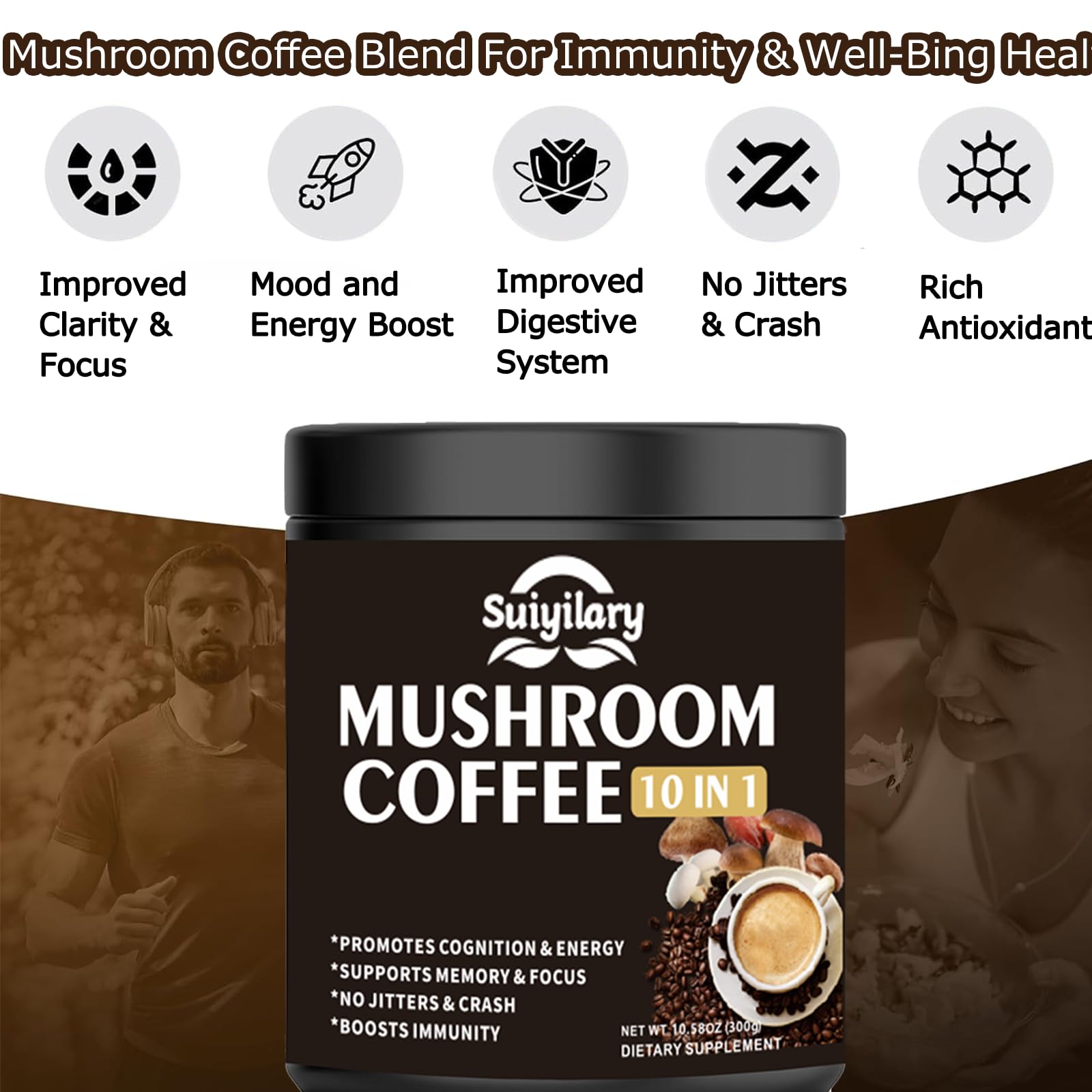 Instant mushroom coffee powder being prepared in a cup