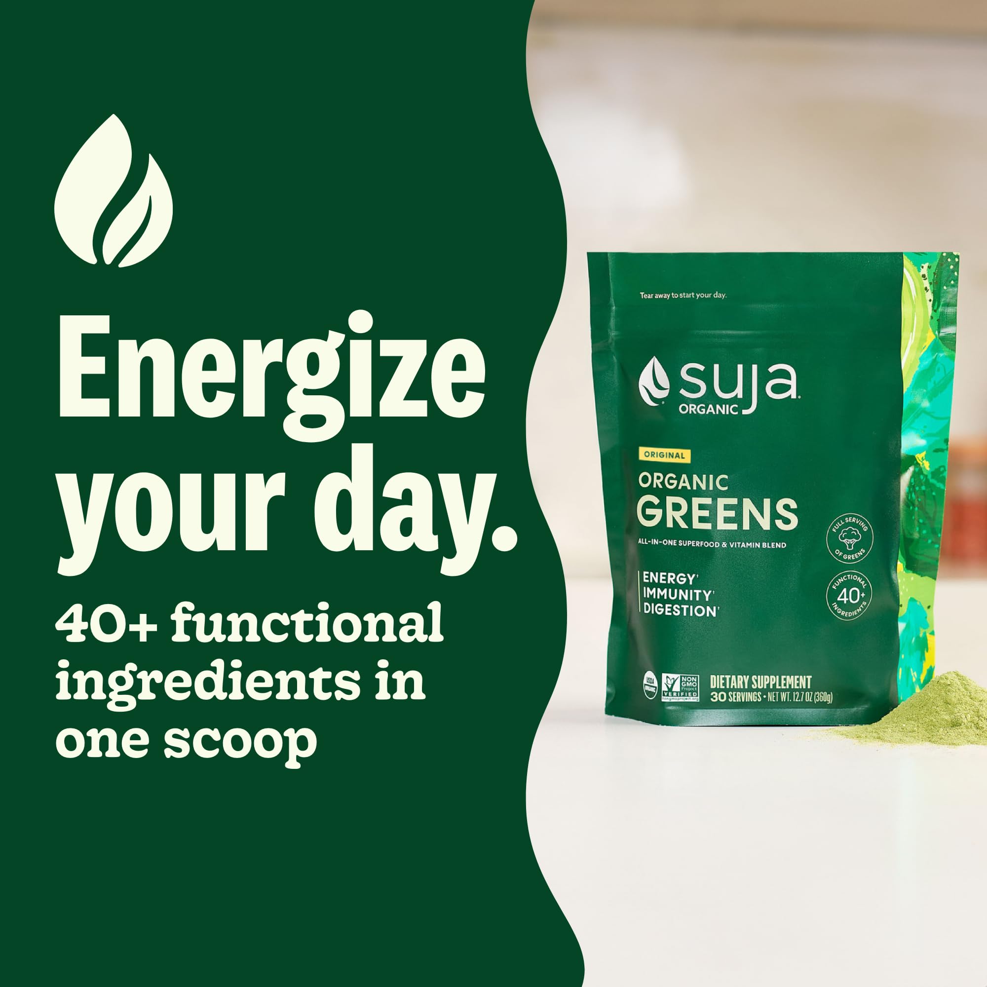 Suja Organic Greens Powder dissolving in water for easy daily nutrition