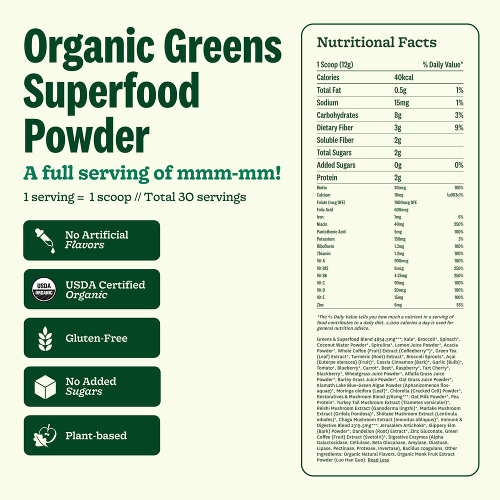 Suja Organic Greens Powder glass with water emphasizes quick mixability