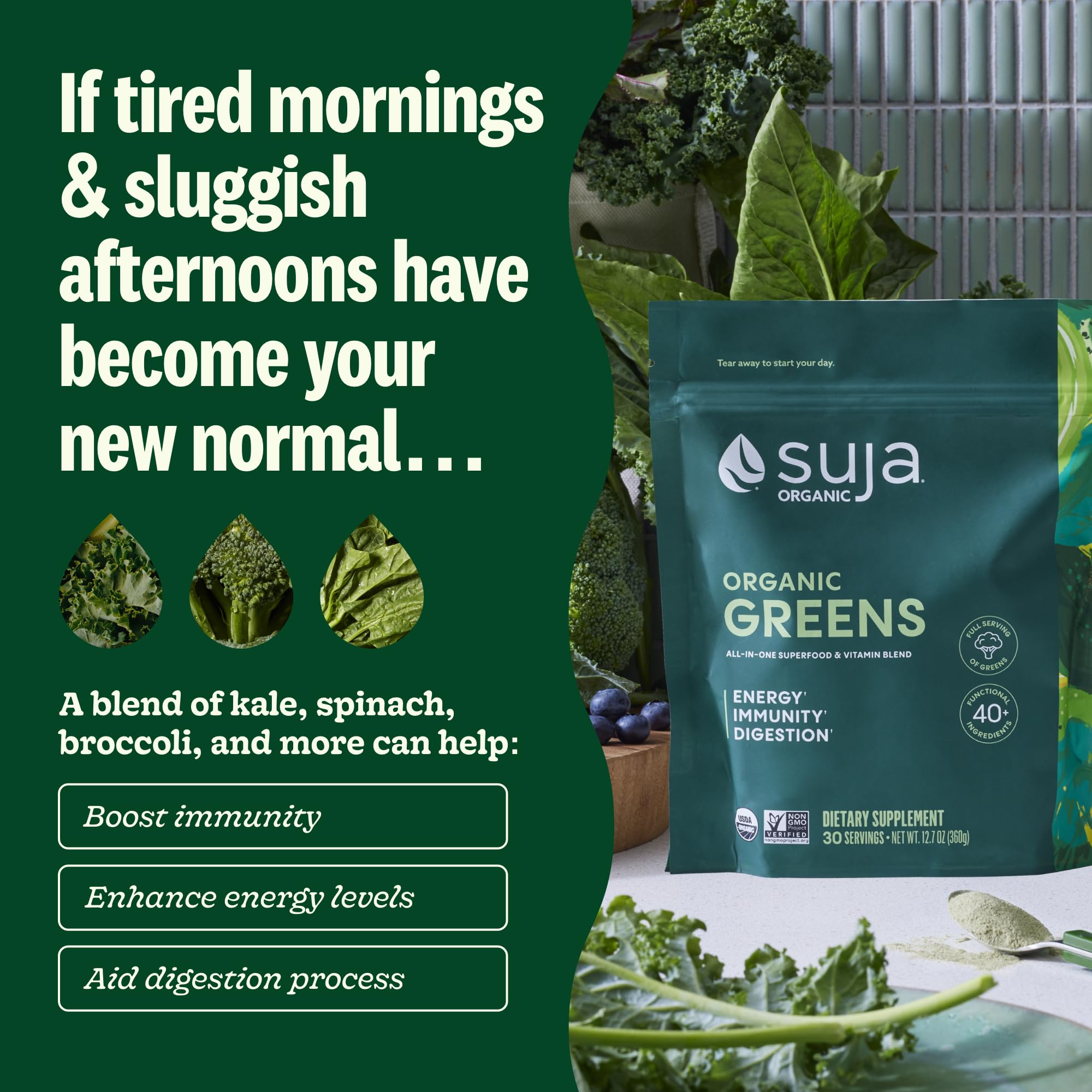 Suja Organic Greens Powder label closeup highlights vegan and non-GMO features