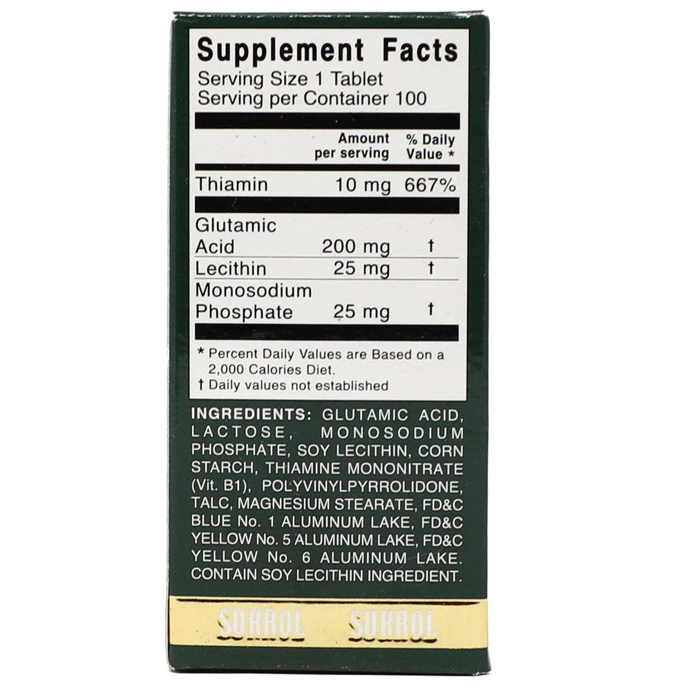 Close-up of Sukrol label with Thiamin and Glutamic Acid