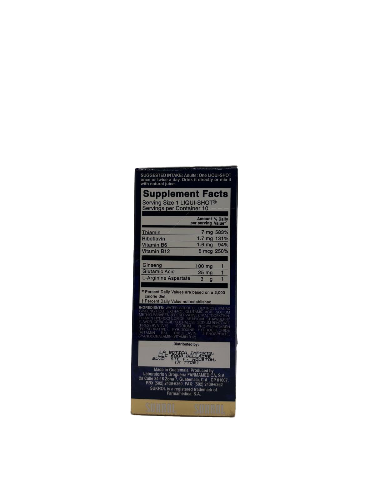 Sukrol VIGOR LIQUI-SHOT bottle label showing Arginine and Ginseng