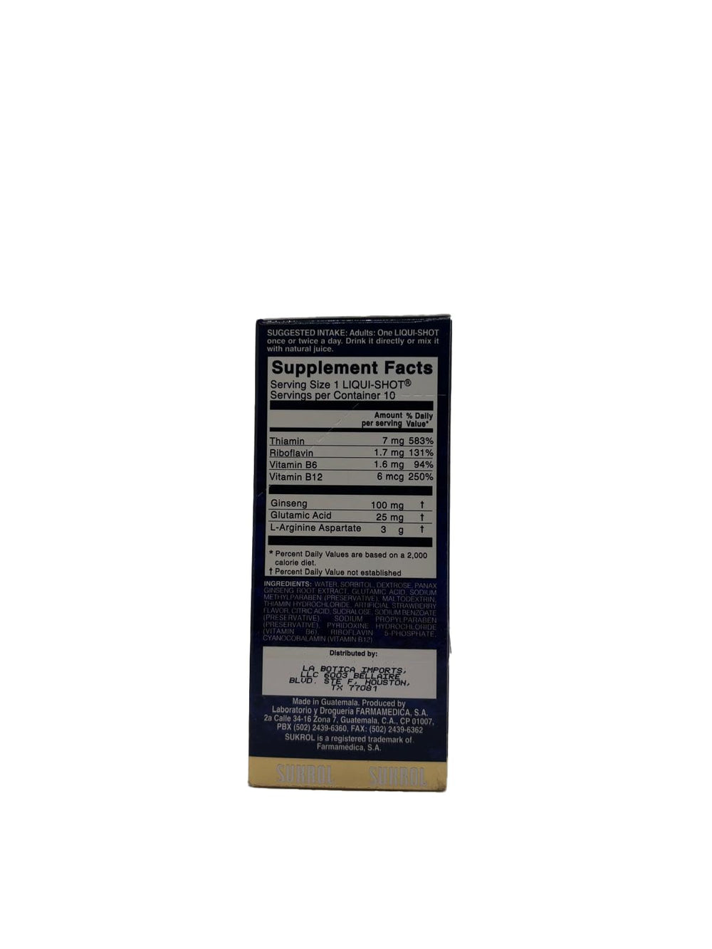 Sukrol VIGOR LIQUI-SHOT bottle label showing Arginine and Ginseng