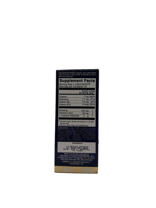 Sukrol VIGOR LIQUI-SHOT bottle label showing Arginine and Ginseng